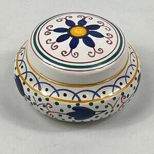Vintage Cespo 14 Hand Painted Ceramic Lidded Trinket Box Floral Talavera Style